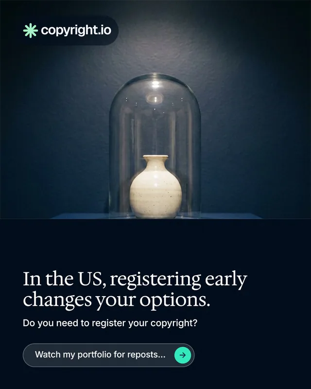 Instagram portrait post for copyright.io: "In the US, registering early changes your options." Agentic glass style, bottom layout, dark palette in blue, black, grey.