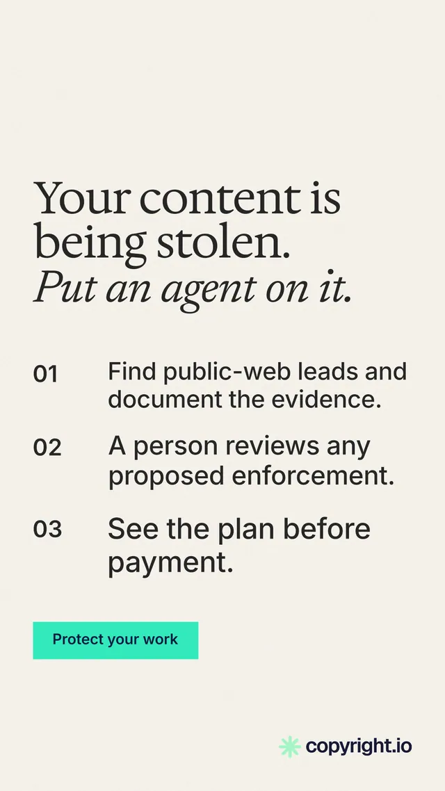 Instagram story for copyright.io: "Your content is being stolen. Put an agent on it." Swiss style, numbered layout, light palette in white, grey.