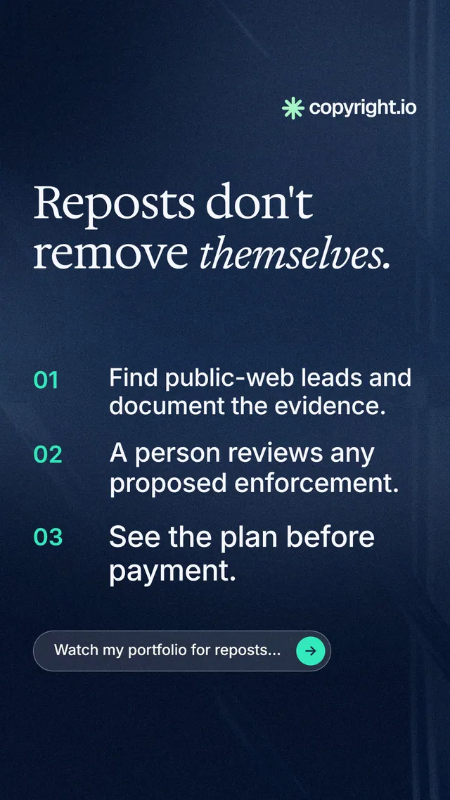 Instagram story for copyright.io: "Reposts don't remove themselves." Agentic glass style, numbered layout, dark palette in blue, black, grey.