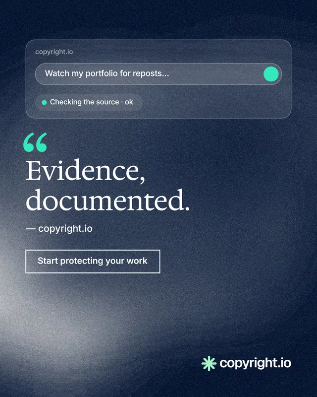 Instagram portrait post for copyright.io: "Evidence, documented." Cyanotype style, quote layout, dark palette in blue, grey.