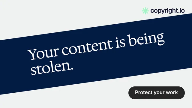 Landscape graphic for copyright.io: "Your content is being stolen." Data card style, diagonal layout, light palette in white, blue.