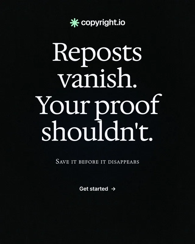 Instagram portrait post for copyright.io: "Reposts vanish. Your proof shouldn't." Phosphor atlas style, smallcaps layout, dark palette in black.