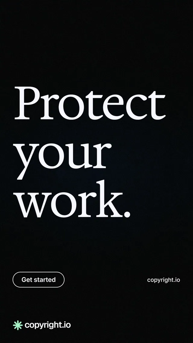 Instagram story for copyright.io: "Protect your work." Phosphor atlas style, poster layout, dark palette in black, grey.