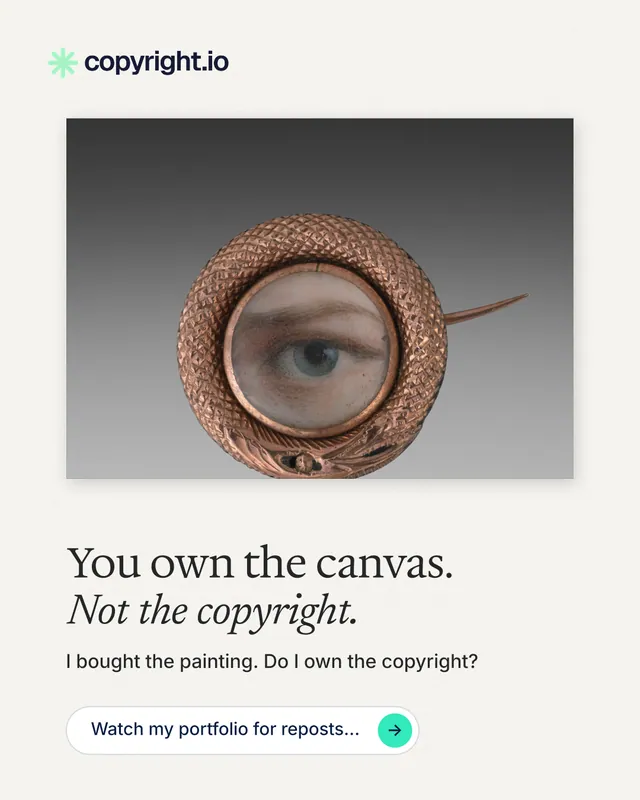 Instagram portrait post for copyright.io: "You own the canvas. Not the copyright." Agentic glass style, bottom layout, light palette in white, grey.