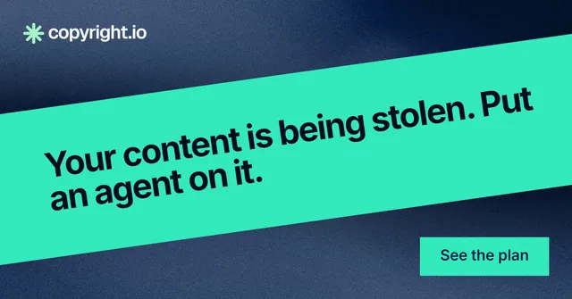 Social ad for copyright.io: "Your content is being stolen. Put an agent on it." Swiss style, diagonal layout, light palette in teal, blue.