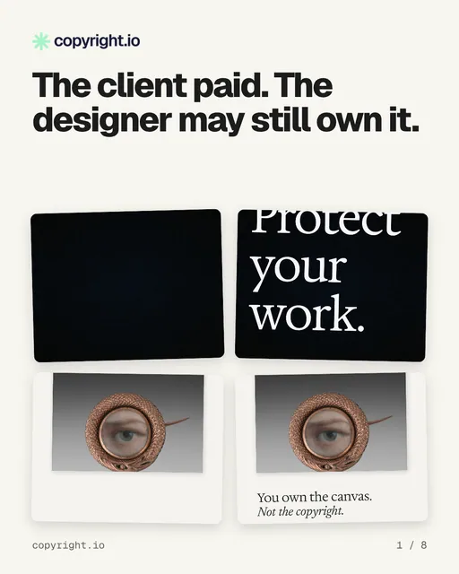 Carousel for copyright.io: "The client paid. The designer may still own it.". Collection carousel, 8 slides, light palette.