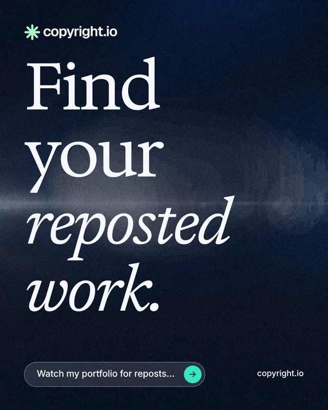 Instagram portrait post for copyright.io: "Find your reposted work." Thermal style, poster layout, dark palette in blue, black, grey.
