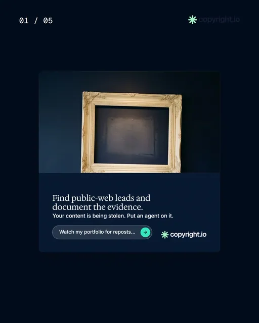 Video for copyright.io. Ad flipbook, 7.5 s, dark palette.