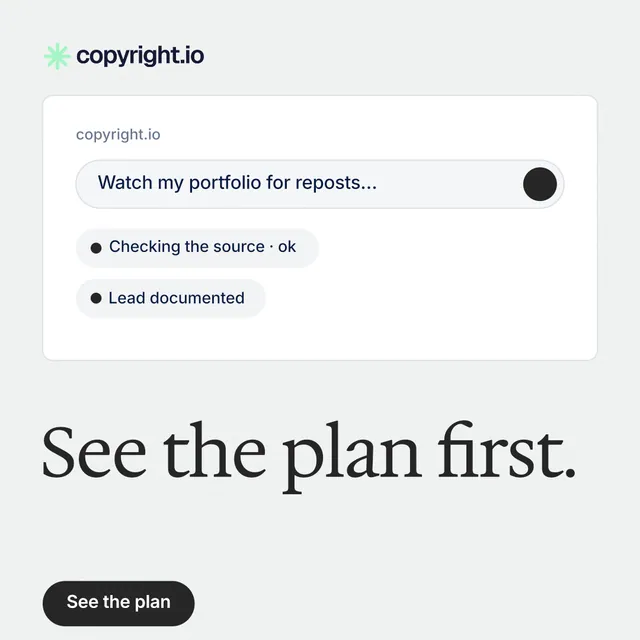 Instagram post for copyright.io: "See the plan first." Data card style, bottom layout, light palette in white.