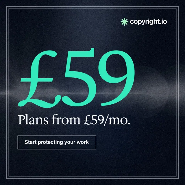 Instagram post for copyright.io: "Continuous protection for creator content." Dark deco style, stat layout, dark palette in black, blue, teal.