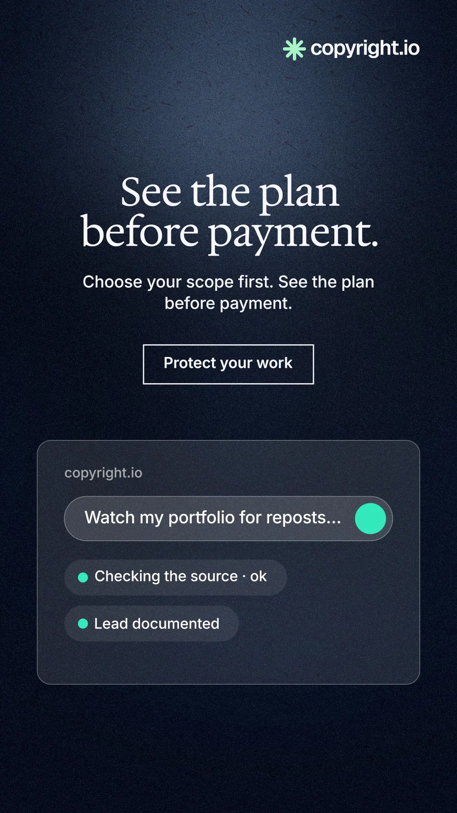 Instagram story for copyright.io: "See the plan before payment." Dark deco style, centred layout, dark palette in blue, black, grey.