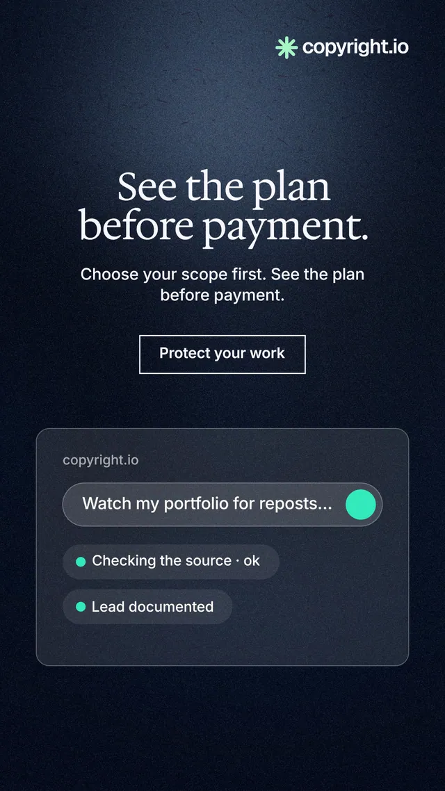 Instagram story for copyright.io: "See the plan before payment." Dark deco style, centred layout, dark palette in blue, black, grey.
