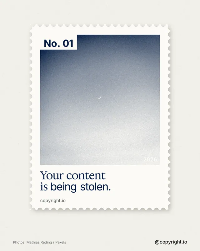 Instagram portrait post for copyright.io: "Your content is being stolen." Single style, technique:stamp series layout, light palette in white, grey.