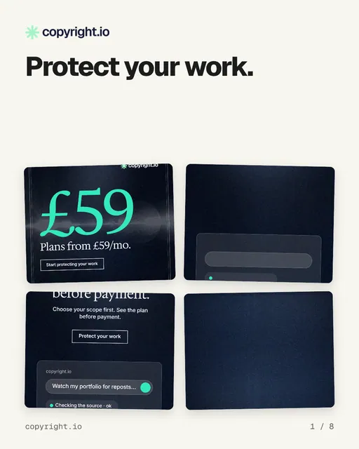 Carousel for copyright.io: "Protect your work.". Collection carousel, 8 slides, light palette.