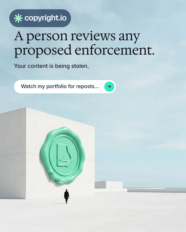 Instagram portrait post for copyright.io: "A person reviews any proposed enforcement." Agentic glass style, bottom layout, light palette in white, teal, grey.