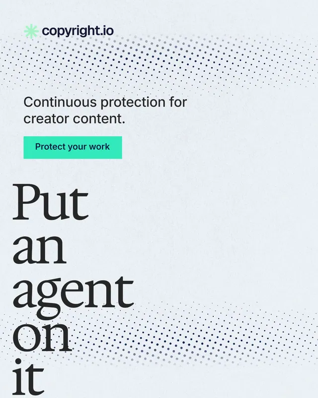 Instagram portrait post for copyright.io: "Put an agent on it." Swiss style, oversized layout, light palette in white, blue, grey.