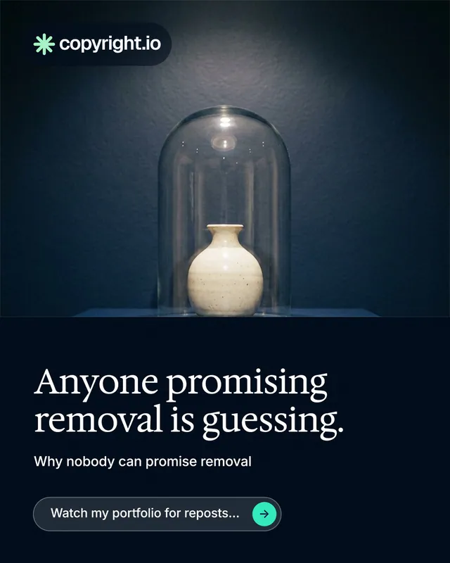 Instagram portrait post for copyright.io: "Anyone promising removal is guessing." Agentic glass style, bottom layout, dark palette in blue, black, grey.