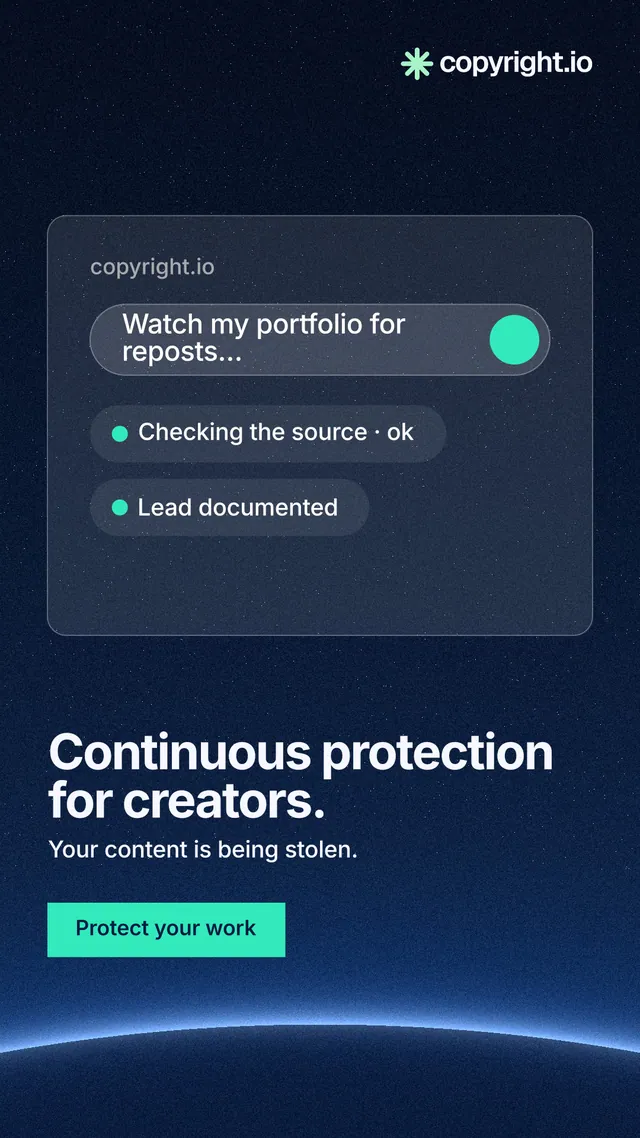 Instagram story for copyright.io: "Continuous protection for creators." Swiss style, bottom layout, dark palette in blue, black.