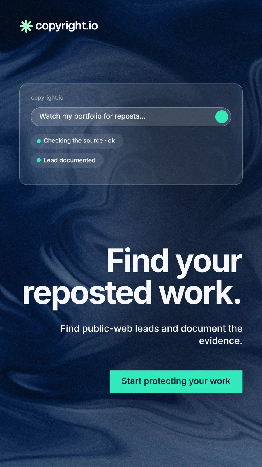 Instagram story for copyright.io: "Find your reposted work." Swiss style, right layout, dark palette in black, blue, teal.