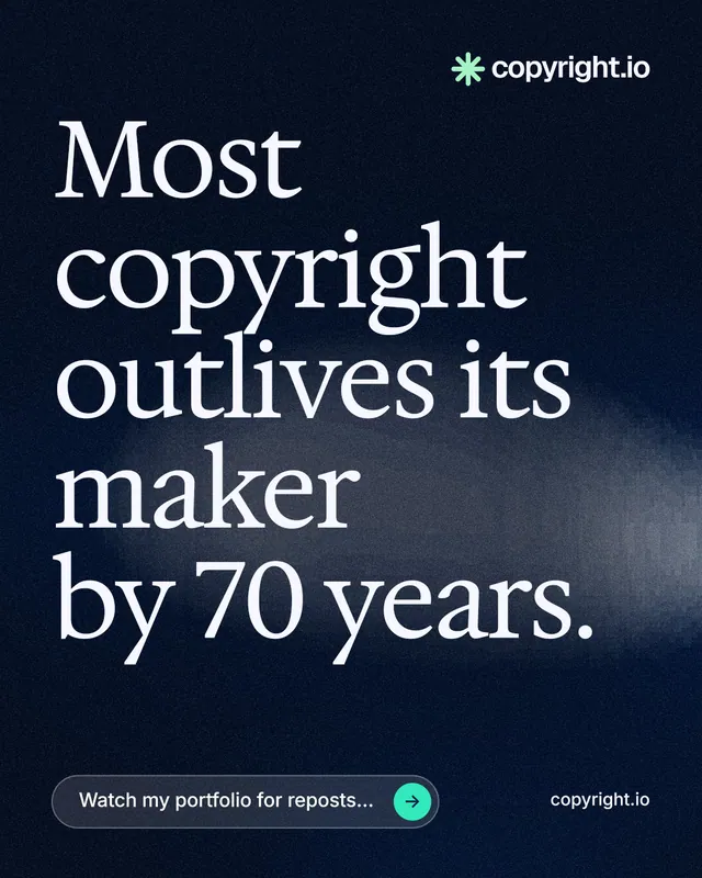 Instagram portrait post for copyright.io: "Most copyright outlives its maker by 70 years." Thermal style, poster layout, dark palette in black, grey, blue.