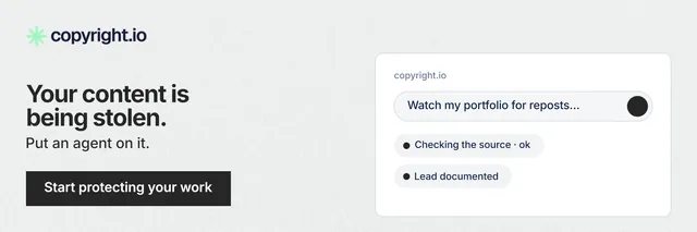 X header for copyright.io: "Your content is being stolen." Swiss style, bottom layout, light palette in white, grey.