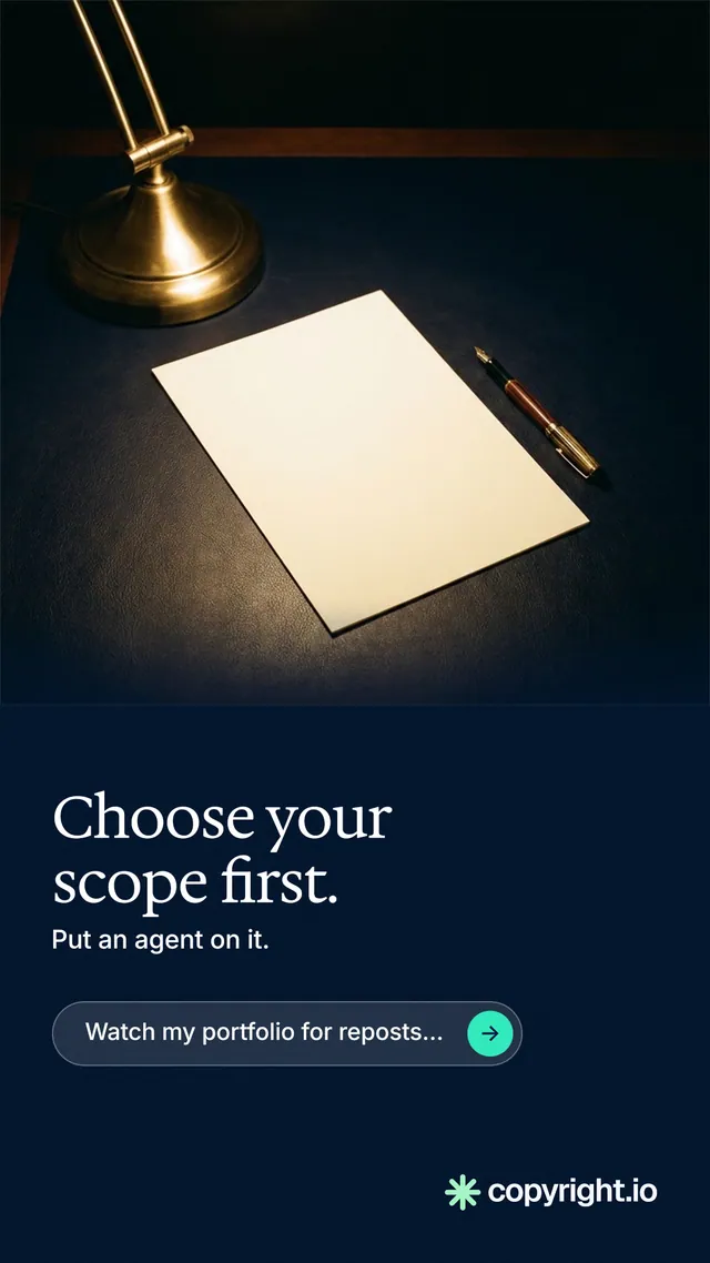 Instagram story for copyright.io: "Choose your scope first." Agentic glass style, bottom layout, dark palette in black, grey.