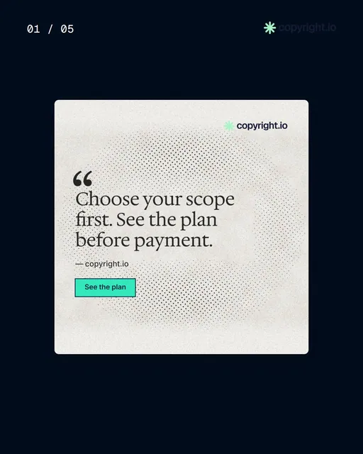 Video for copyright.io. Ad flipbook, 7.5 s, dark palette.