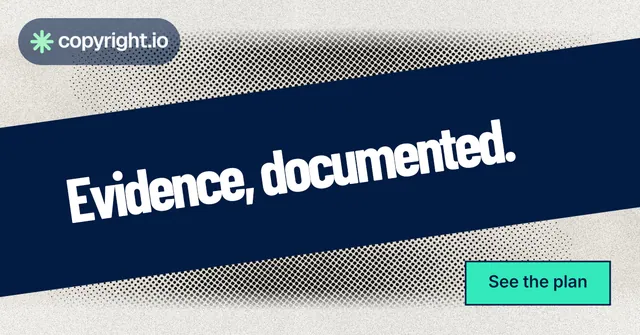 Social ad for copyright.io: "Evidence, documented." Ink sticker style, diagonal layout, light palette in blue, white, grey.