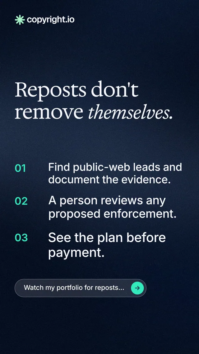 Instagram story for copyright.io: "Reposts don't remove themselves." Agentic glass style, numbered layout, dark palette in black, blue, grey.