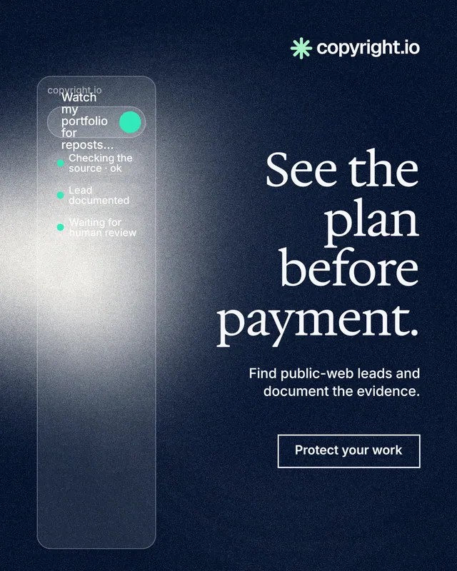 Instagram portrait post for copyright.io: "See the plan before payment." Cyanotype style, right layout, dark palette in blue, grey, black.