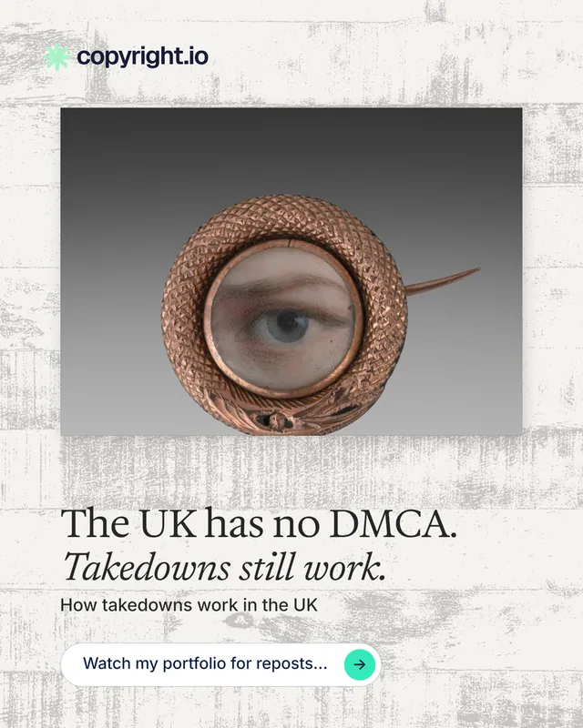 Instagram portrait post for copyright.io: "The UK has no DMCA. Takedowns still work." Agentic glass style, bottom layout, light palette in grey, white.