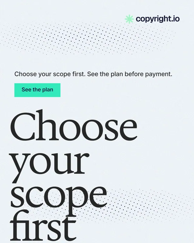 Instagram portrait post for copyright.io: "Choose your scope first." Swiss style, oversized layout, light palette in white, grey.