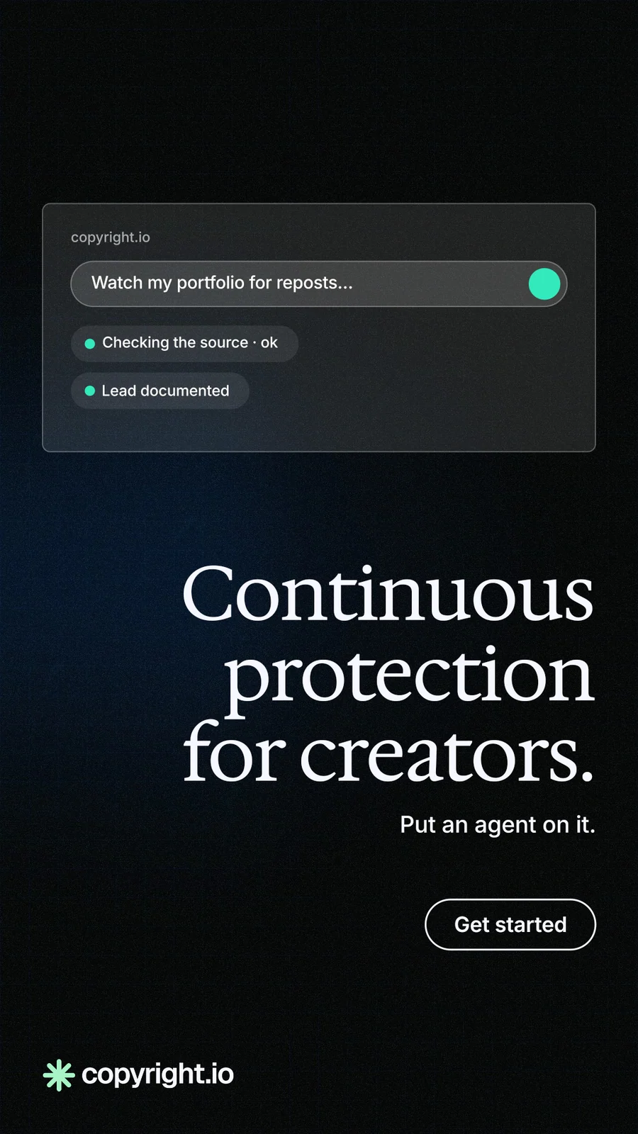 Instagram story for copyright.io: "Continuous protection for creators." Phosphor atlas style, right layout, dark palette in black.