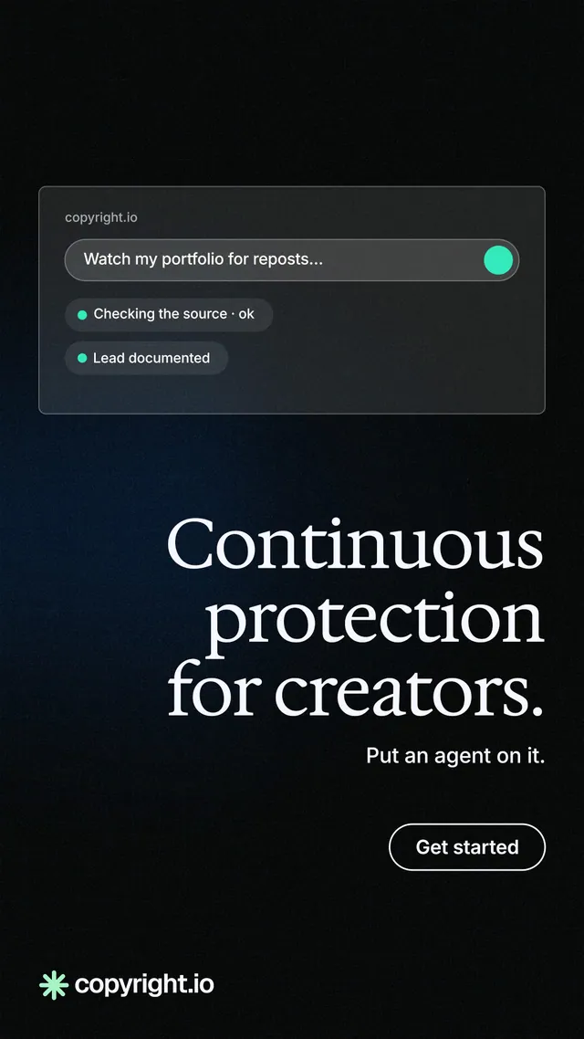 Instagram story for copyright.io: "Continuous protection for creators." Phosphor atlas style, right layout, dark palette in black.