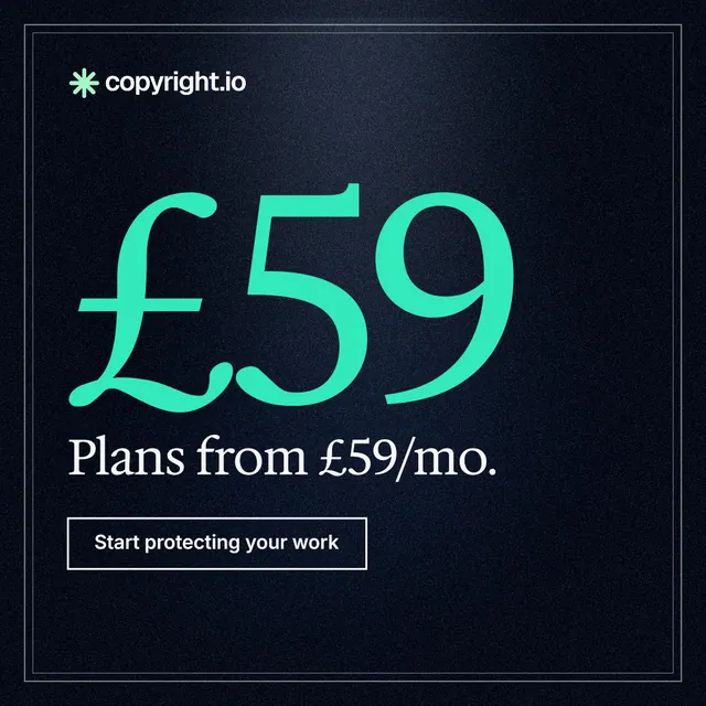 Instagram post for copyright.io: "Your content is being stolen. Put an agent on it." Dark deco style, stat layout, dark palette in black, teal.