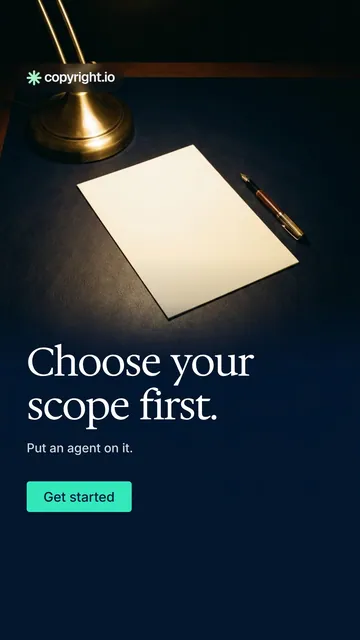 Video for copyright.io: "Choose your scope first.". Doc motion loop, 6.0 s, dark palette.