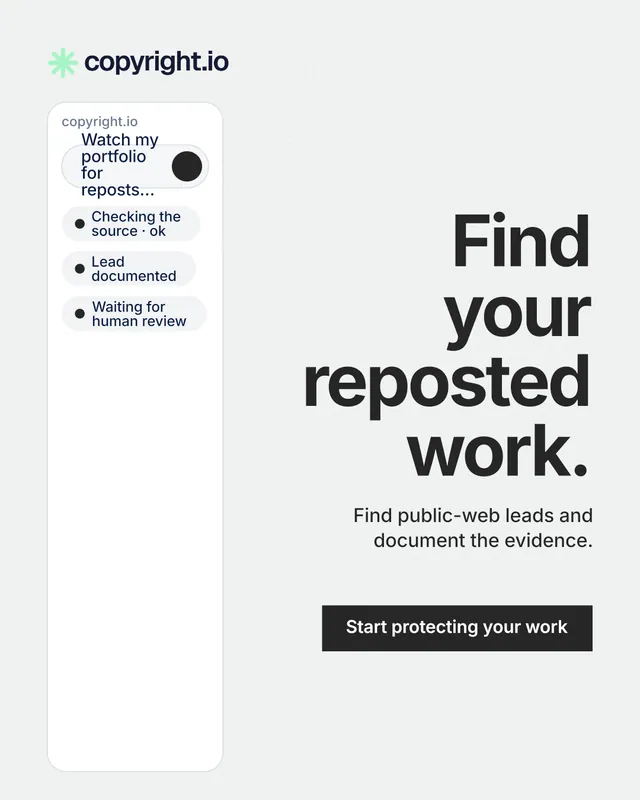 Instagram portrait post for copyright.io: "Find your reposted work." Swiss style, right layout, light palette in white, grey.