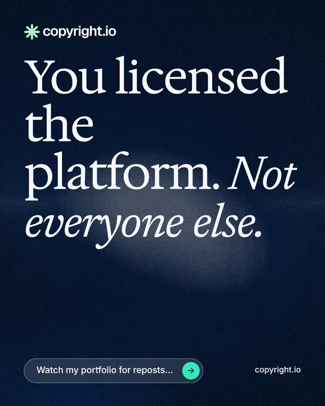 Instagram portrait post for copyright.io: "You licensed the platform. Not everyone else." Thermal style, poster layout, dark palette in blue, black, grey.