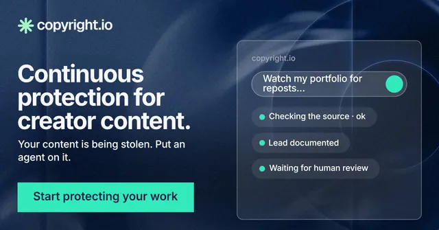 Social ad for copyright.io: "Continuous protection for creator content." Swiss style, bottom layout, dark palette in blue, teal.