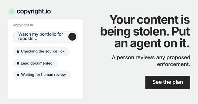 Social ad for copyright.io: "Your content is being stolen. Put an agent on it." Swiss style, right layout, light palette in white, grey.