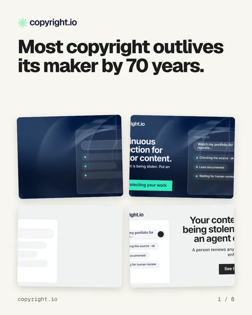 Carousel for copyright.io: "Most copyright outlives its maker by 70 years.". Collection carousel, 8 slides, light palette.