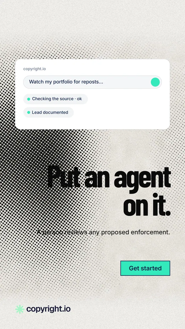 Instagram story for copyright.io: "Put an agent on it." Ink sticker style, right layout, light palette in white, grey.