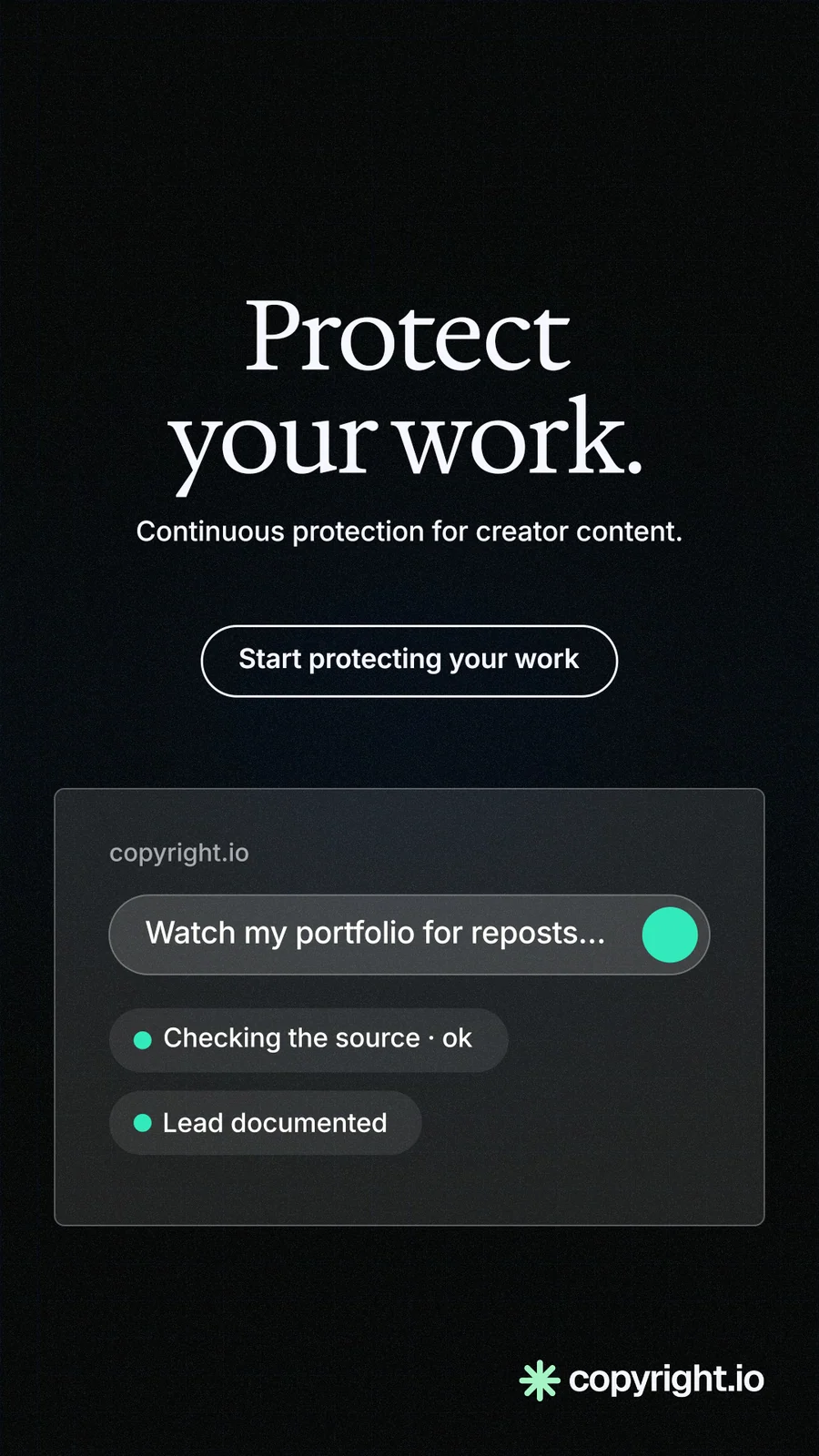 Instagram story for copyright.io: "Protect your work." Phosphor atlas style, centred layout, dark palette in black.