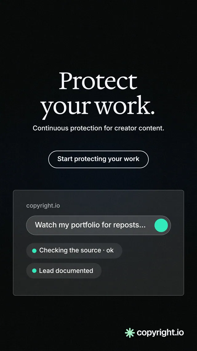 Instagram story for copyright.io: "Protect your work." Phosphor atlas style, centred layout, dark palette in black.