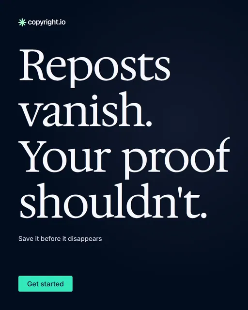 Video for copyright.io: "Reposts vanish. Your proof shouldn't.". Doc motion loop, 8.0 s, dark palette.