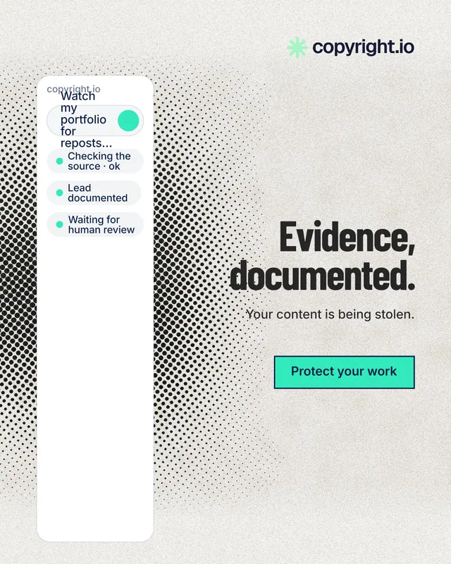 Instagram portrait post for copyright.io: "Evidence, documented." Ink sticker style, right layout, light palette in white, grey.