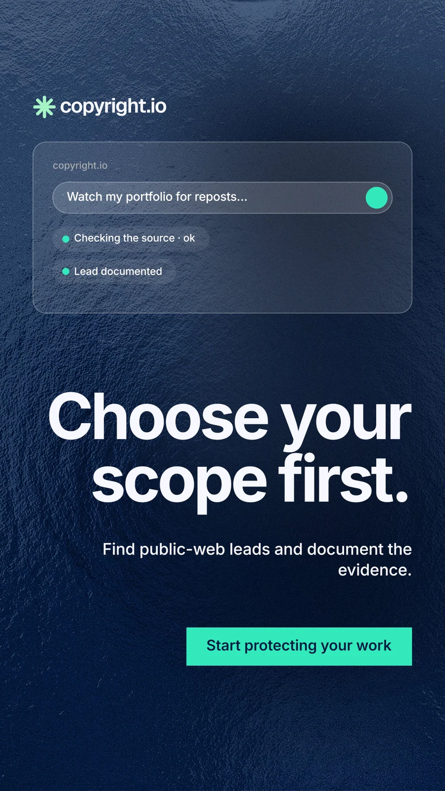 Instagram story for copyright.io: "Choose your scope first." Swiss style, right layout, dark palette in black, blue, teal.