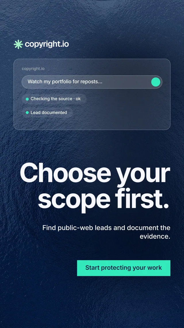 Instagram story for copyright.io: "Choose your scope first." Swiss style, right layout, dark palette in black, blue, teal.