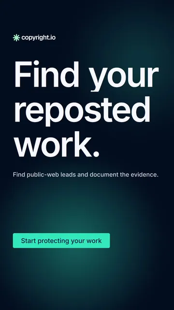 Video for copyright.io: "Find your reposted work.". Doc motion loop, 8.0 s, dark palette.