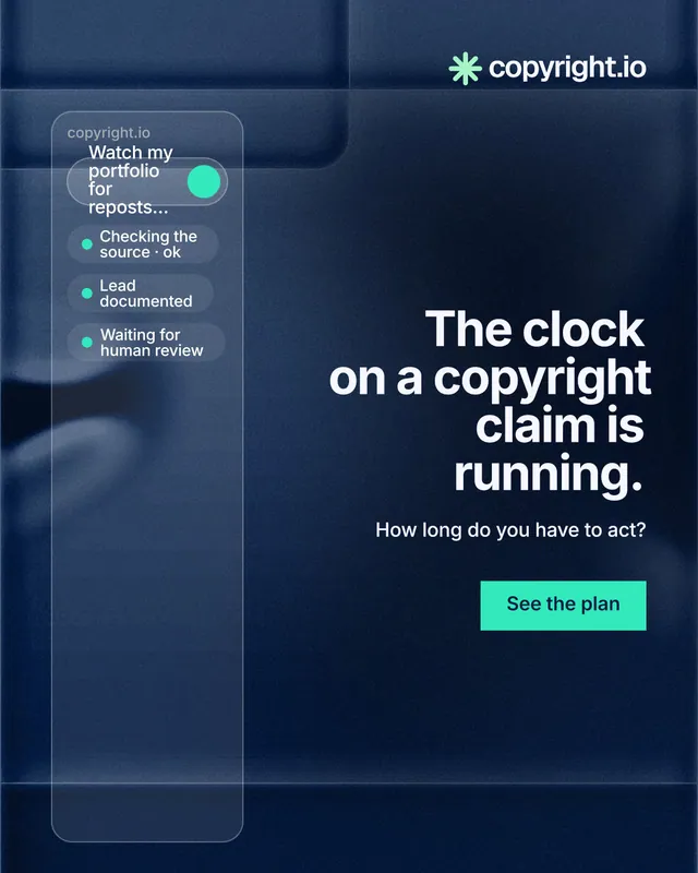 Instagram portrait post for copyright.io: "The clock on a copyright claim is running." Swiss style, right layout, dark palette in blue, black.